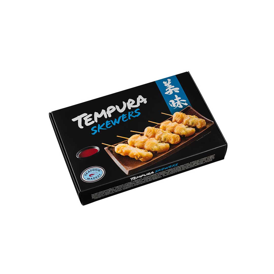 Verpackung mit knusprigen Tempura Spießen